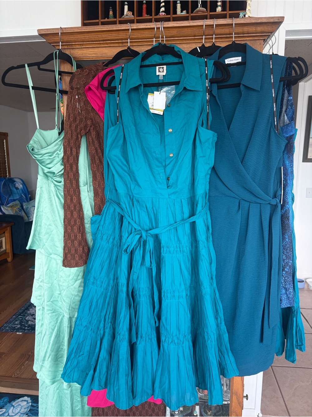 Anne Klein Teal Sleeveless Button-Front Tiered Midi Dress